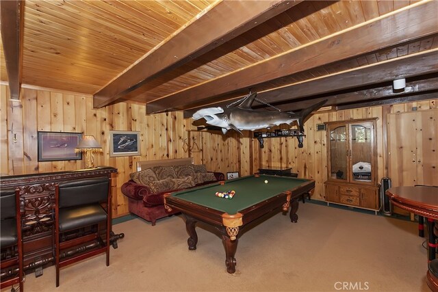 1249 Yellowstone Dr, Lake Arrowhead, CA 92352 - playroom with pool table, wooden walls, beamed ceiling, carpet, and wood ceiling