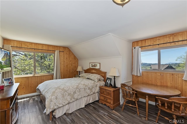1249 Yellowstone Dr, Lake Arrowhead, CA 92352 - bedroom featuring wooden walls, dark wood-style flooring, and lofted ceiling