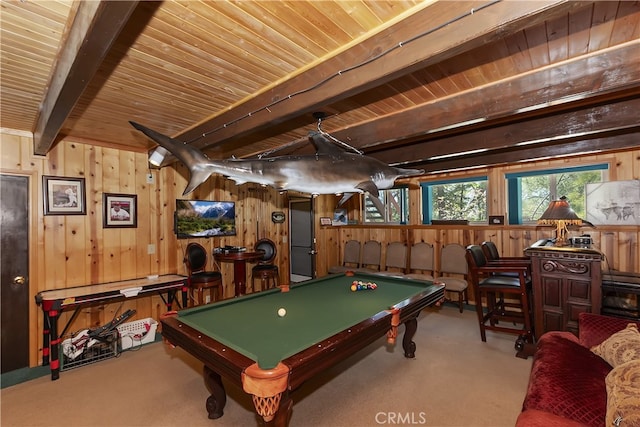 1249 Yellowstone Dr, Lake Arrowhead, CA 92352 - rec room featuring billiards, wooden walls, beam ceiling, carpet floors, and wood ceiling