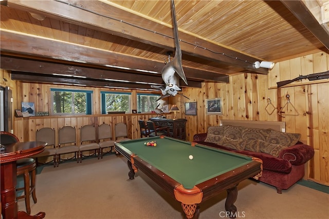 1249 Yellowstone Dr, Lake Arrowhead, CA 92352 - recreation room with carpet, wood ceiling, wooden walls, pool table, and beamed ceiling