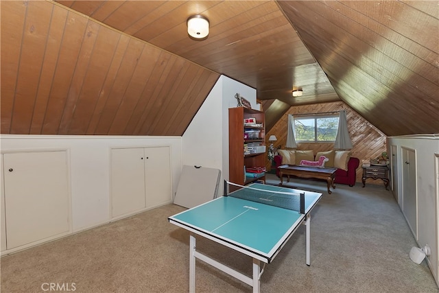 1249 Yellowstone Dr, Lake Arrowhead, CA 92352 - recreation room with carpet, wooden ceiling, vaulted ceiling, and wood walls