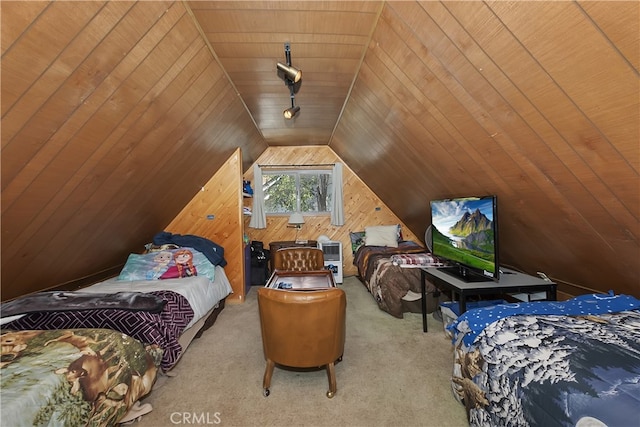 1249 Yellowstone Dr, Lake Arrowhead, CA 92352 - carpeted bedroom featuring vaulted ceiling, wooden walls, and track lighting