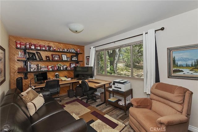 1249 Yellowstone Dr, Lake Arrowhead, CA 92352 - office with wood walls, wood finished floors, and built in desk