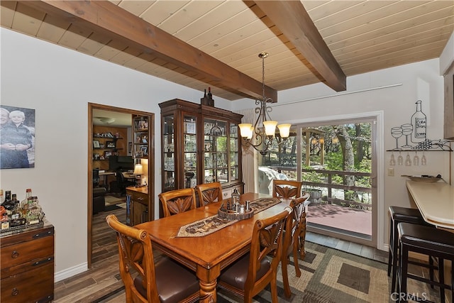 1249 Yellowstone Dr, Lake Arrowhead, CA 92352 - dining space with a chandelier, beamed ceiling, wood finished floors, wood ceiling, and a desk