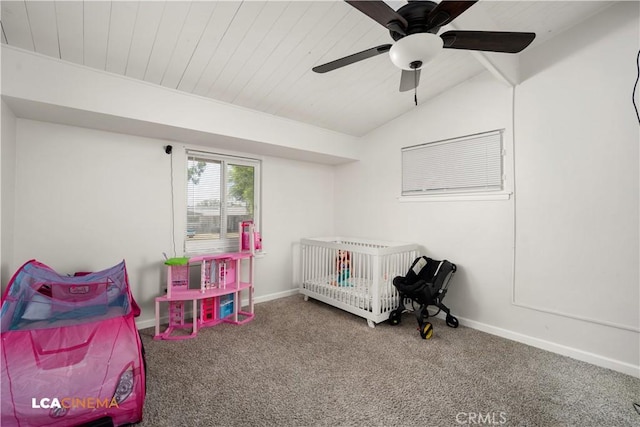 3113 Occidental St, Bakersfield, CA 93305 - bedroom with carpet, wooden ceiling, vaulted ceiling, baseboards, and ceiling fan