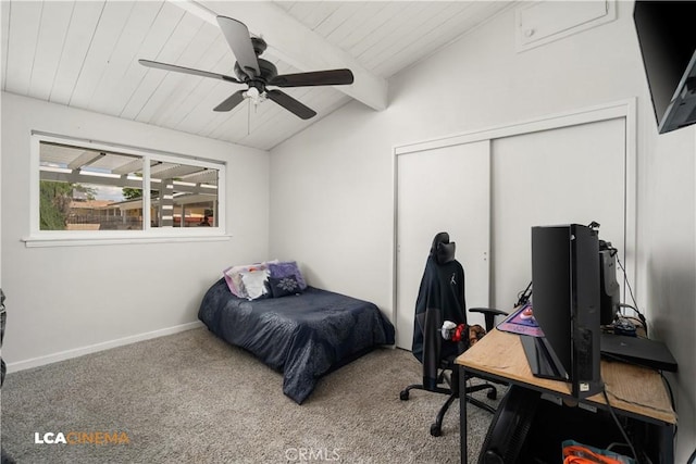 3113 Occidental St, Bakersfield, CA 93305 - carpeted bedroom featuring a closet, baseboards, wooden ceiling, ceiling fan, and a desk
