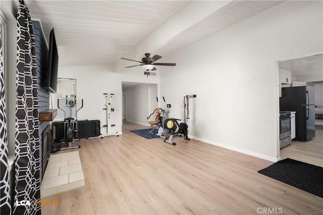 3113 Occidental St, Bakersfield, CA 93305 - workout room featuring lofted ceiling, light wood-style floors, a ceiling fan, and baseboards
