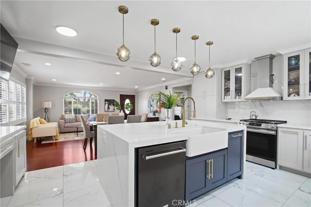 3950 E De Ora Way, Long Beach, CA 90815 - kitchen featuring stainless steel range with gas cooktop, a sink, dishwasher, ornamental molding, and light marble finish flooring