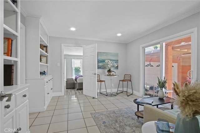 3950 E De Ora Way, Long Beach, CA 90815 - living area with baseboards, light tile patterned flooring, ornamental molding, and recessed lighting