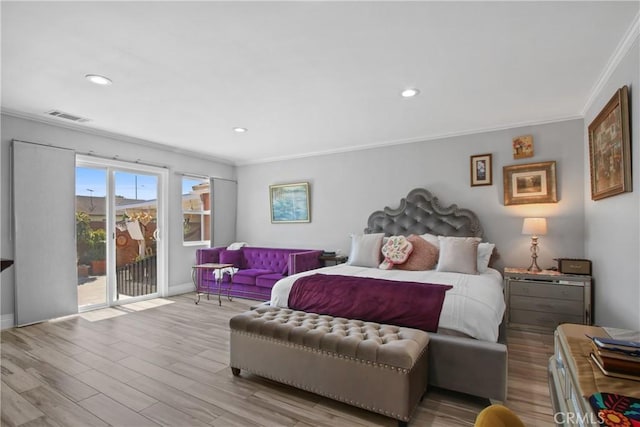 3950 E De Ora Way, Long Beach, CA 90815 - bedroom featuring crown molding, access to exterior, wood finished floors, recessed lighting, and baseboards