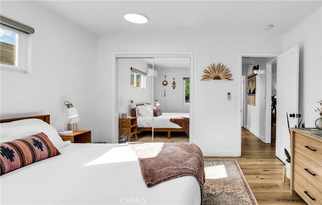 61475 Alta Vista Dr, Joshua Tree, CA 92252 - bedroom featuring light wood-style flooring, multiple windows, a closet, and baseboards
