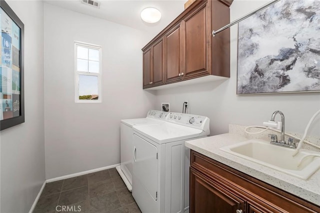 3105 E Discovery St, Ontario, CA 91762 - laundry room with washer and clothes dryer, cabinet space, baseboards, and dark tile patterned flooring