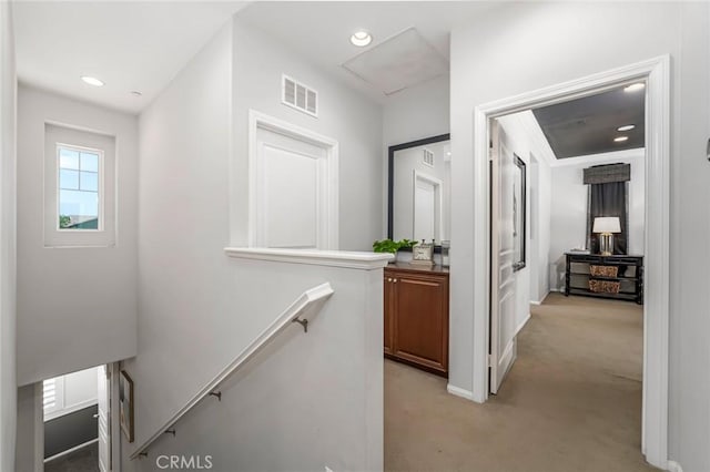 3105 E Discovery St, Ontario, CA 91762 - corridor with an upstairs landing, light carpet, recessed lighting, and baseboards
