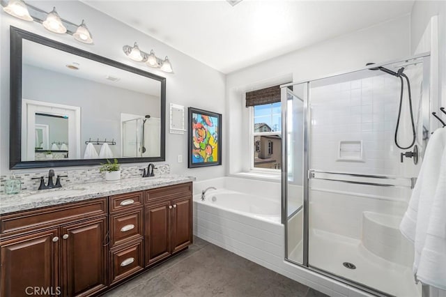 3105 E Discovery St, Ontario, CA 91762 - full bath featuring a shower stall, double vanity, a bath, and tile patterned floors
