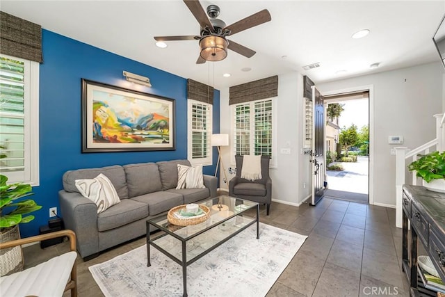 3105 E Discovery St, Ontario, CA 91762 - living room featuring a ceiling fan, recessed lighting, baseboards, tile patterned floors, and stairway