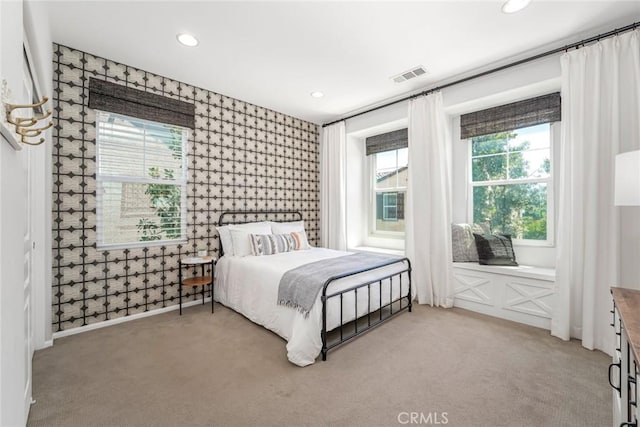 3105 E Discovery St, Ontario, CA 91762 - bedroom featuring light carpet, wallpapered walls, and recessed lighting