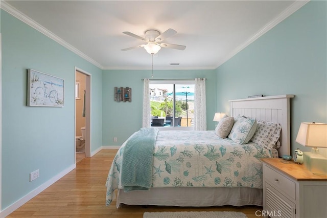 379 Camino, San Clemente, San Clemente, CA 92672 - bedroom with light wood-type flooring, crown molding, baseboards, a ceiling fan, and ensuite bathroom