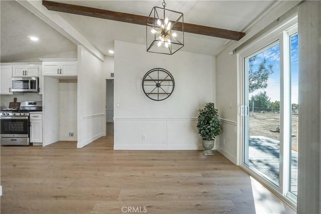 6294 Sunnyslope Rd, Phelan, CA 92371 - unfurnished dining area featuring light wood finished floors, a chandelier, recessed lighting, and baseboards