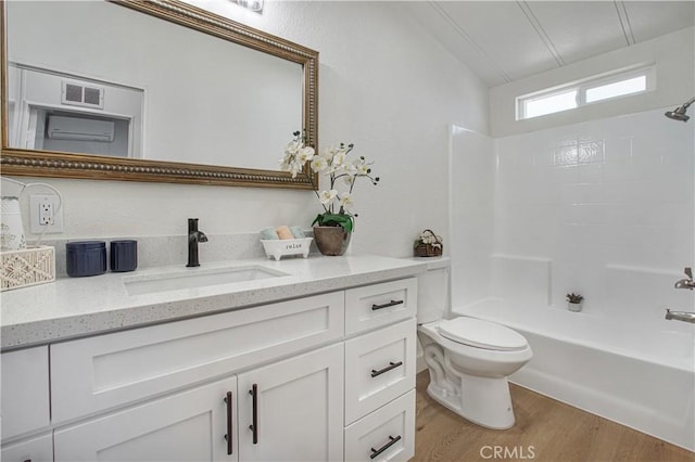 6294 Sunnyslope Rd, Phelan, CA 92371 - full bath featuring vanity, wood finished floors, bathtub / shower combination, toilet, and lofted ceiling
