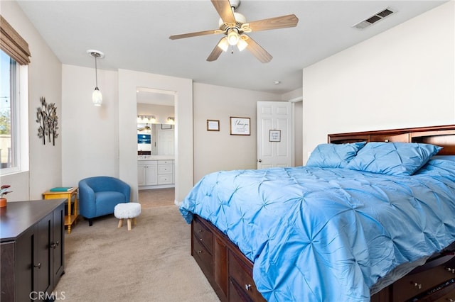 27335 Wedgewood Way, Murrieta, CA 92562 - bedroom with light carpet, ensuite bathroom, and ceiling fan
