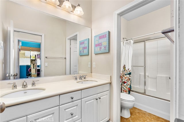 27335 Wedgewood Way, Murrieta, CA 92562 - bathroom with double vanity, toilet, shower / tub combo with curtain, and tile patterned floors