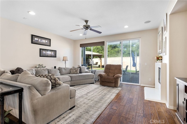 27335 Wedgewood Way, Murrieta, CA 92562 - living area featuring dark wood finished floors, a ceiling fan, recessed lighting, and baseboards