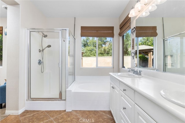 27335 Wedgewood Way, Murrieta, CA 92562 - bathroom featuring a stall shower, a garden tub, double vanity, and tile patterned flooring