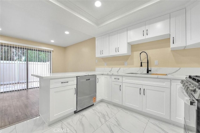 23020 Paseo De Terrado Unit 2, Diamond Bar, CA 91765 - kitchen with dishwasher, range with gas cooktop, a peninsula, white cabinetry, and light marble finish floors