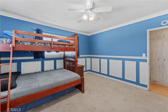 281 Harruby Dr, Calimesa, CA 92320 - bedroom featuring carpet, ornamental molding, a ceiling fan, and wainscoting
