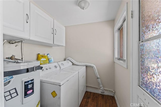 281 Harruby Dr, Calimesa, CA 92320 - laundry area with water heater, cabinet space, baseboards, dark wood-type flooring, and separate washer and dryer