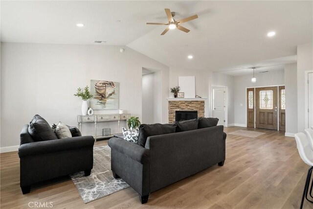 5122 Feather Rock Ct, Paradise, CA 95969 - living room with baseboards, a ceiling fan, light wood finished floors, lofted ceiling, and recessed lighting