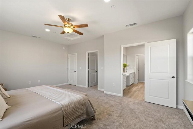 5122 Feather Rock Ct, Paradise, CA 95969 - bedroom featuring light colored carpet, baseboards, ensuite bathroom, ceiling fan, and baseboard heating