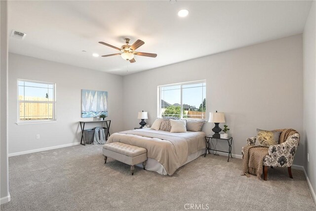 5122 Feather Rock Ct, Paradise, CA 95969 - bedroom with baseboards, light carpet, recessed lighting, and a ceiling fan