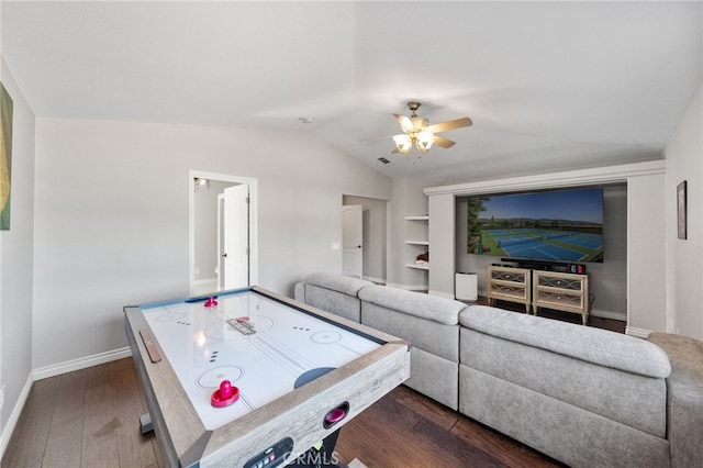 40493 Calle Katerine, Temecula, CA 92591 - playroom with dark wood finished floors, vaulted ceiling, ceiling fan, baseboards, and built in shelves
