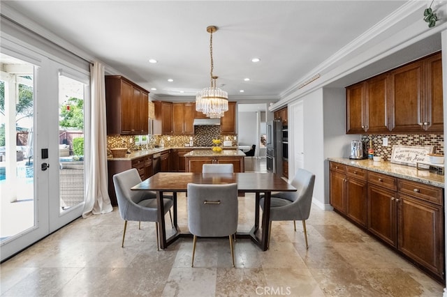 40493 Calle Katerine, Temecula, CA 92591 - dining space with a chandelier, crown molding, recessed lighting, and french doors