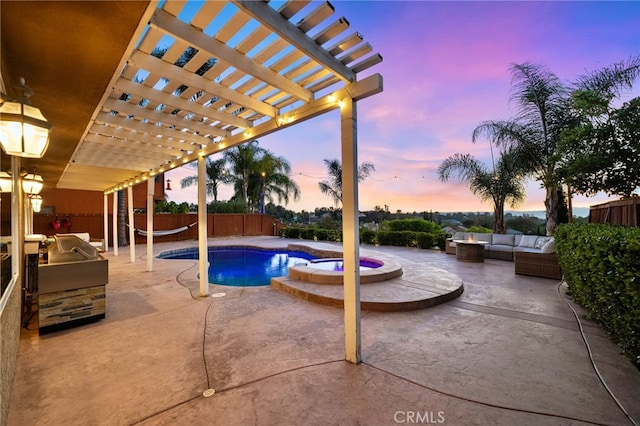 40493 Calle Katerine, Temecula, CA 92591 - view of pool featuring an outdoor living space, a fenced backyard, a pergola, a patio area, and an outdoor kitchen
