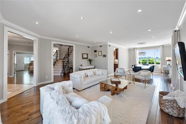 40493 Calle Katerine, Temecula, CA 92591 - living room featuring stairs, wood-type flooring, recessed lighting, crown molding, and baseboards