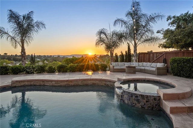 40493 Calle Katerine, Temecula, CA 92591 - view of swimming pool featuring fence, outdoor lounge area, a pool with connected hot tub, and a patio