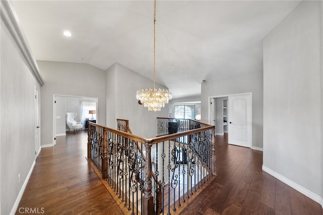 40493 Calle Katerine, Temecula, CA 92591 - hall featuring an upstairs landing, a chandelier, hardwood / wood-style flooring, vaulted ceiling, and baseboards
