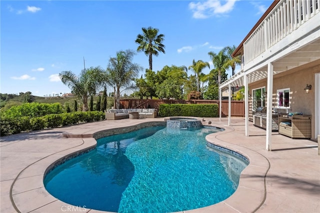 40493 Calle Katerine, Temecula, CA 92591 - view of swimming pool with an outdoor hangout area, a patio, fence, and a pool with connected hot tub
