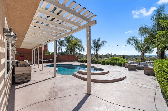 40493 Calle Katerine, Temecula, CA 92591 - view of pool featuring an outdoor hangout area, a patio area, an in-ground hot tub, a pergola, and a fenced backyard