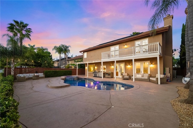 40493 Calle Katerine, Temecula, CA 92591 - view of pool featuring outdoor lounge area, french doors, a patio, fence, and a hot tub