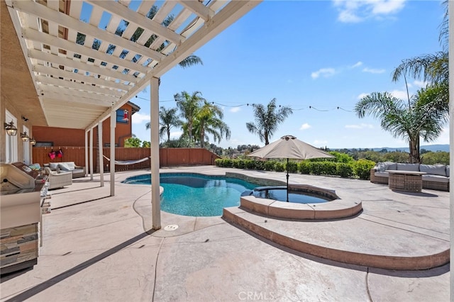 40493 Calle Katerine, Temecula, CA 92591 - view of swimming pool with outdoor lounge area, a patio, a fenced backyard, and a pool with connected hot tub