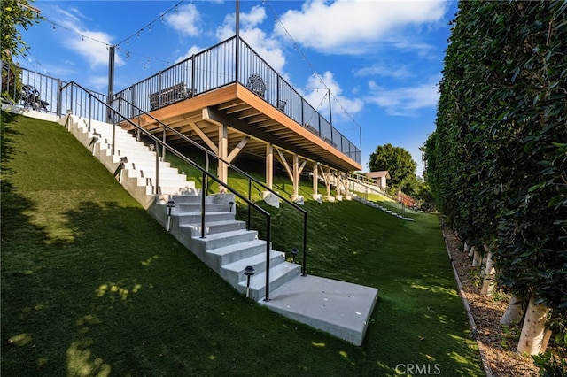 4571 Mimosa Dr, Yorba Linda, CA 92886 - surrounding community with stairs, a lawn, and a wooden deck