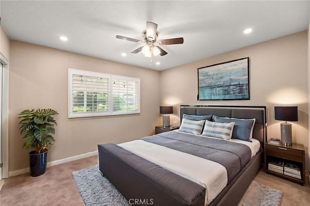 4571 Mimosa Dr, Yorba Linda, CA 92886 - bedroom with light colored carpet, recessed lighting, baseboards, and a ceiling fan