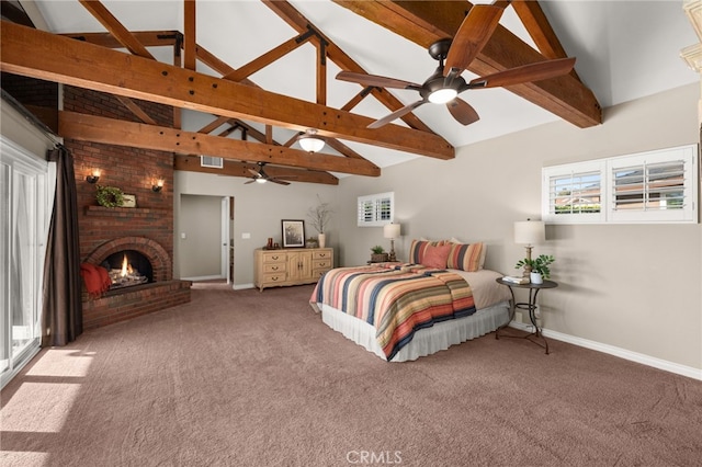 4571 Mimosa Dr, Yorba Linda, CA 92886 - bedroom featuring carpet flooring, baseboards, a brick fireplace, beamed ceiling, and multiple windows