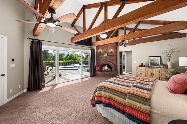 4571 Mimosa Dr, Yorba Linda, CA 92886 - carpeted bedroom featuring access to outside, high vaulted ceiling, beamed ceiling, a fireplace, and baseboards