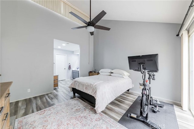 38970 Paseo De Oro, Murrieta, CA 92563 - bedroom featuring wood finished floors, baseboards, ensuite bathroom, and ceiling fan