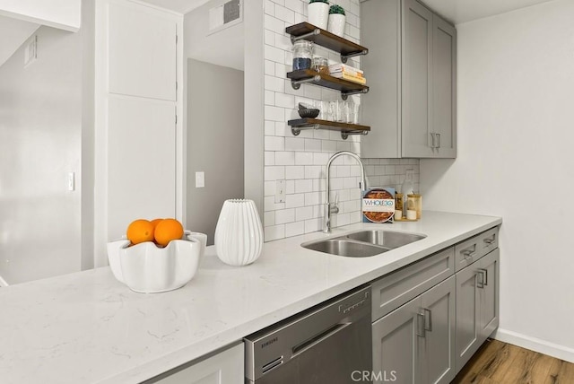 kitchen with dishwasher, open shelves, gray cabinets, backsplash, and a sink