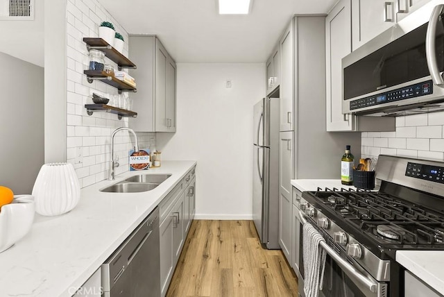 18620 Hatteras St Unit 223, Tarzana, CA 91356 - kitchen featuring appliances with stainless steel finishes, a sink, gray cabinets, and open shelves